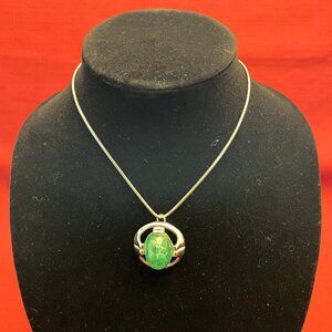 Vintage Silver Tone Serpentine Necklace With Large Green Simulated Stone Pendant